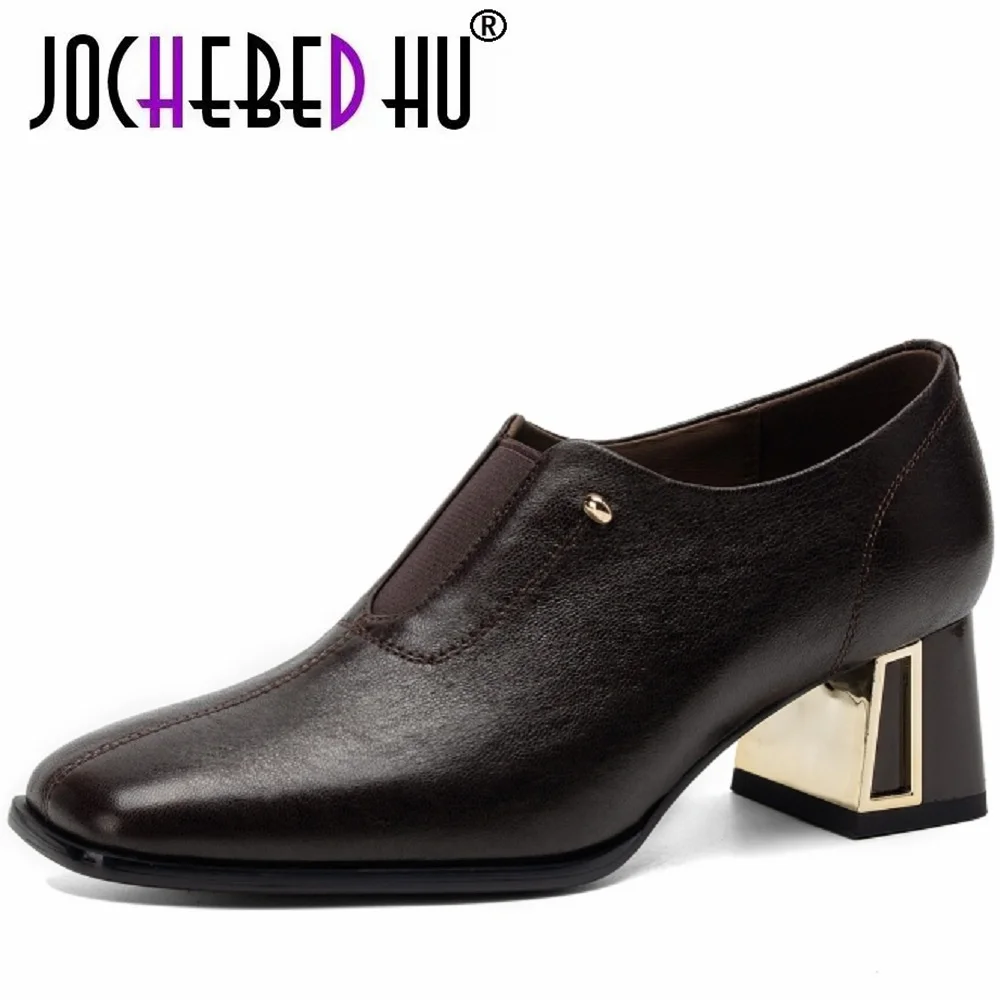 【JOCHEBED HU】Handmade Genuine Leather Square Buckle Elegant Stable Block Heel Commuter Slip On Mid heels Shoes 33-43