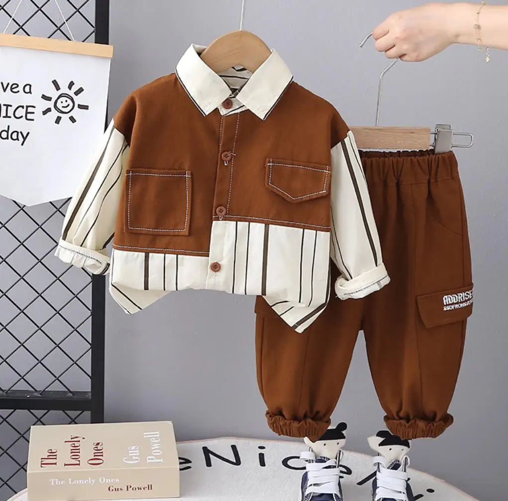 Boys Autumn Outfits 6 To 12 Months Children Baby Clothing Stripe Patchwork Long Sleeve Shirts And Pants Casual Kids Tracksuits