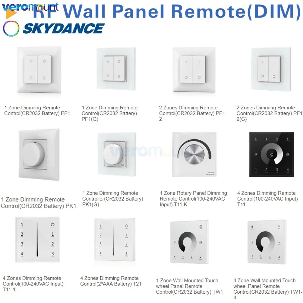 Skydance 2.4G RF Wireless Dimming Panl Remote 1 2 4Zone Touch Knob Rotary Wall Mount PF1-2 PK1 T11-K T11 T11-1 T21 TW1-4 TW1 PF1