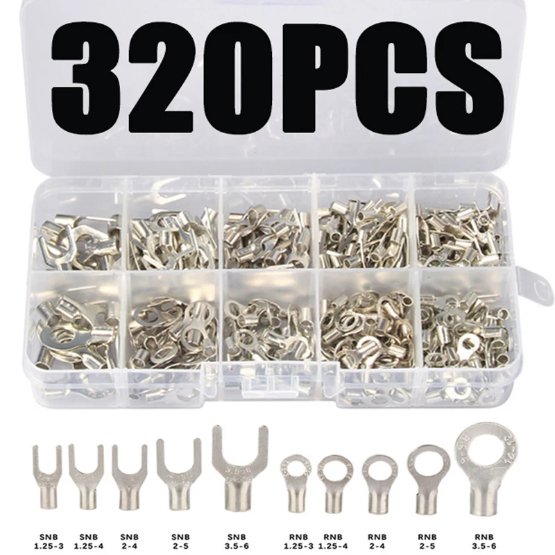 

320Pcs/Set 10 In 1 Assorted Non-Insulated Ring Fork U-type Brass Terminals Assortment Kit Wire Connector Crimp Spade Terminals