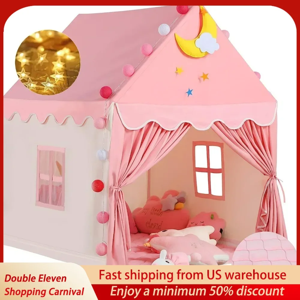 Kid Tent with Padded Mat & Star Lights, Kids Tents Indoor Playhouse, Princess Tent for Girls Toy House Gift, Pink & Yellow