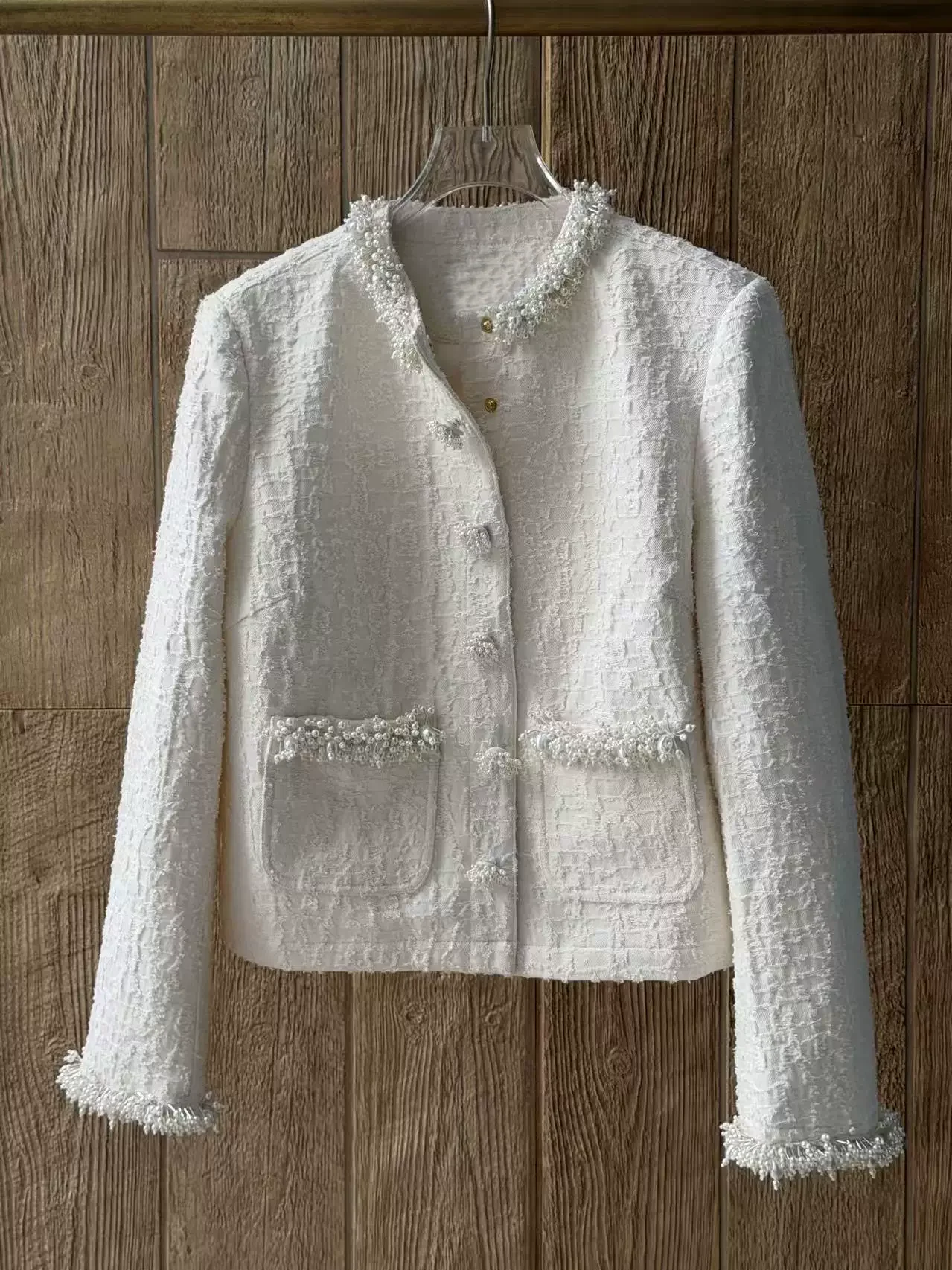 Ladies Pearl Decoration Tweed Jacket Early Autumn Round Neck Long Sleeve Single Breasted Elegant White Coat