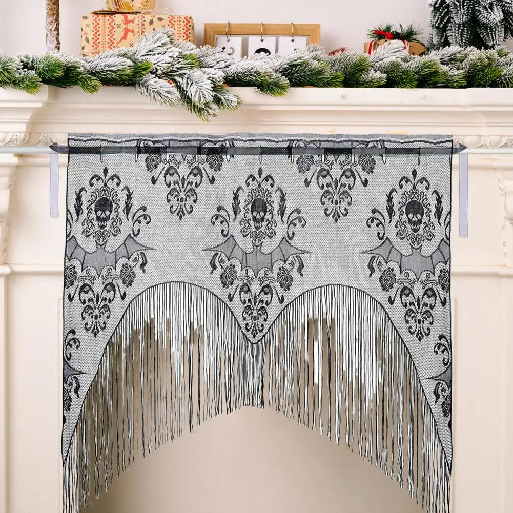 Haunted House Decor Spooky Halloween Lace Curtain Set with Skulls Window Valance Door Decoration with Tassel Home for Halloween