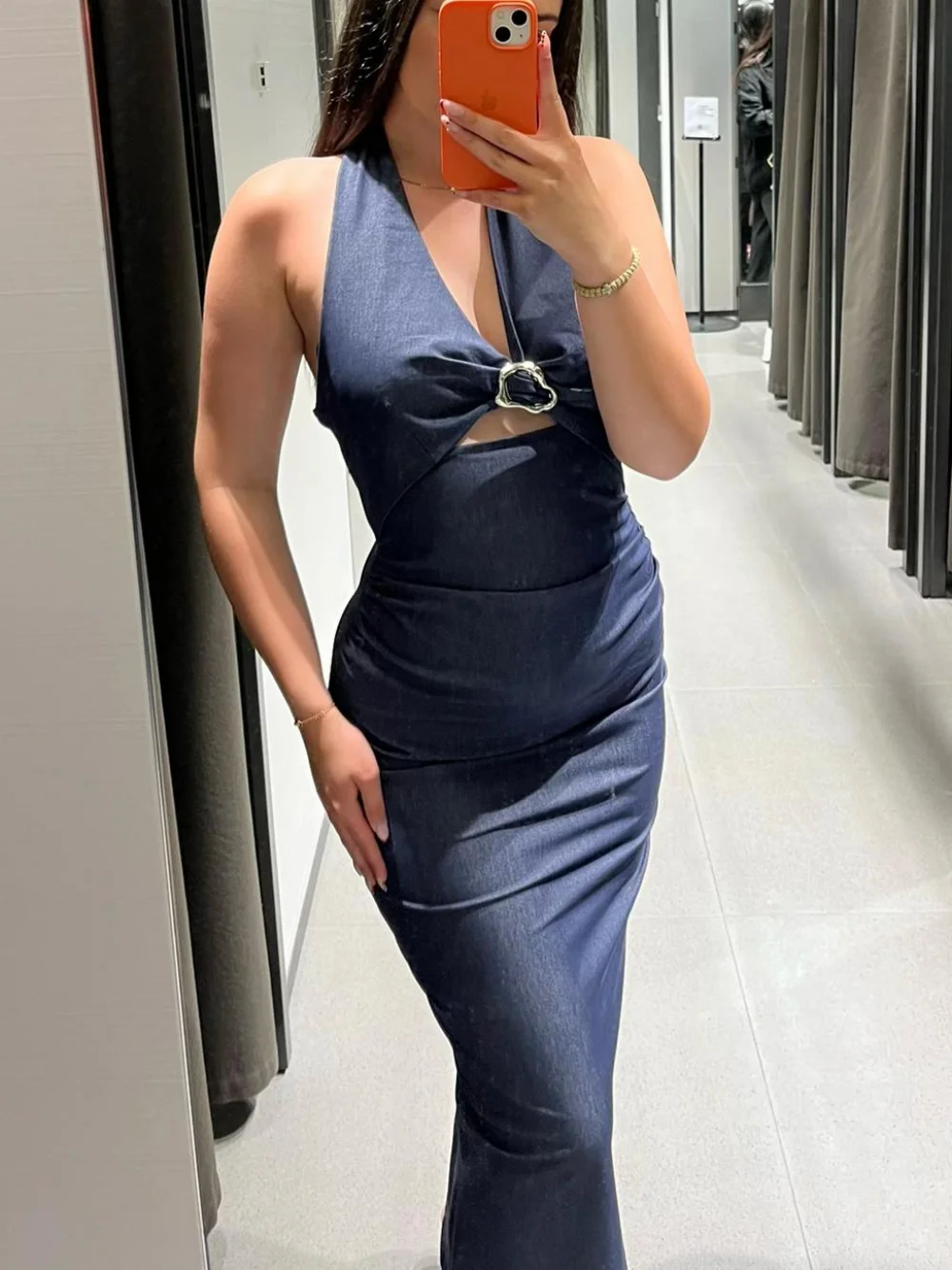 

Women's Hollow Halter Neck Imitation Denim Dress High Street Sexy Party Commuter Pleated Backless Slim Robe Summer Fashion Dress
