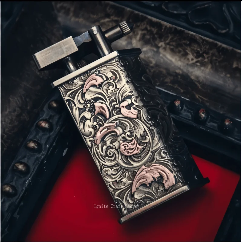 

Новая латунная зажигалка с 3D рисунком, инкрустированная резной топливной зажигалкой, винтажная зажигалка с шлифовальным кругом, аксессуары для сигарет, мужской подарок