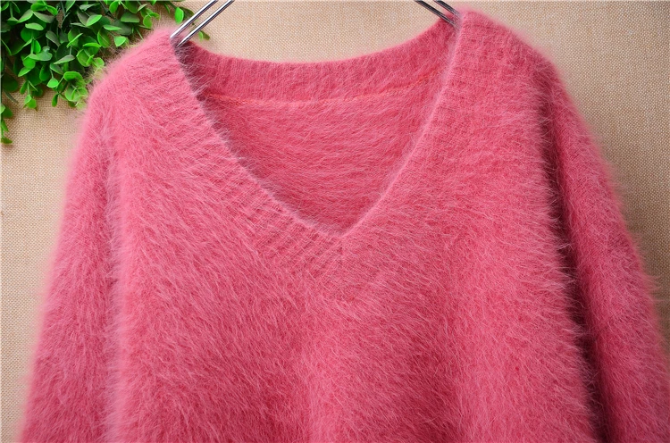 Pull en fourrure de vison pour femme, col en V, manches longues, HprognAngora Rabbit Hair, vêtements d'hiver, pull pour femme, printemps