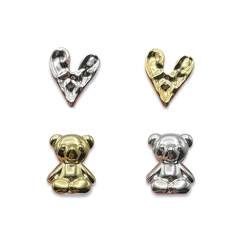 4Pcs Cute Cartoon Bear Shoe Charms For Kid's Sandals Clogs DIY Parts Cool Y2k Golden Silver Heart Shoe Pins Decoration Accessory