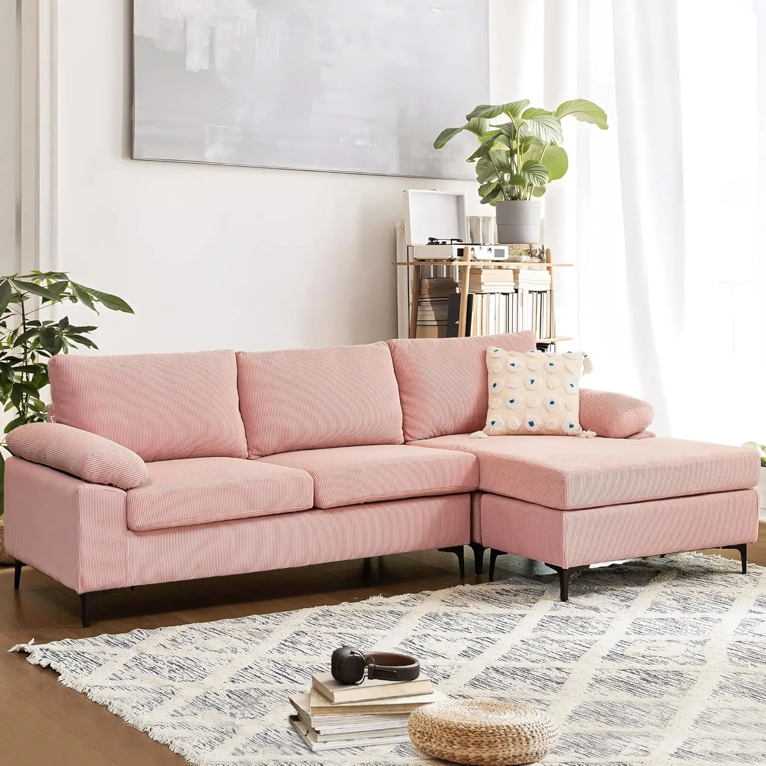 

L Shaped Sectional Sofa with Reversible Chaise, Corduroy Couch with Convertible Chaise, Modern Mid-Century Sofa for Living Room