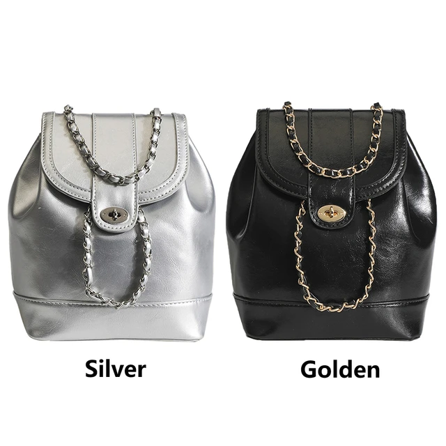 2023 Women s Korea Autumn Winter Mini Chains Backpack Ladies Student Oil Wax Leather Shoulder Bag Black Silver Solid Rucksacks