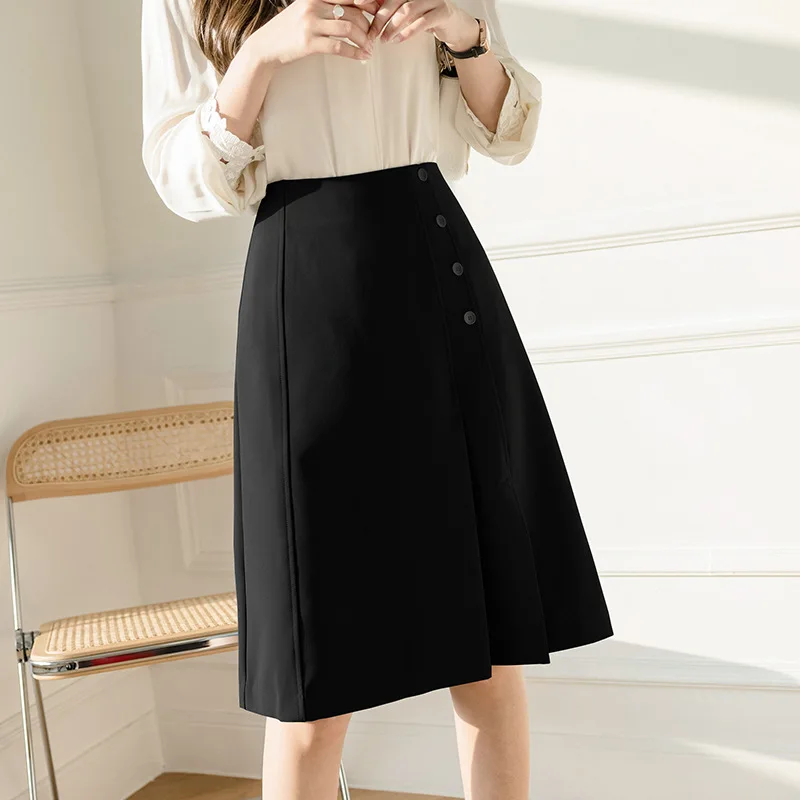 A Line Skirt Women Solid Color Casual Fashion Spring Summer Office Ladies Skirts High Street Simple OL Vintage Saias