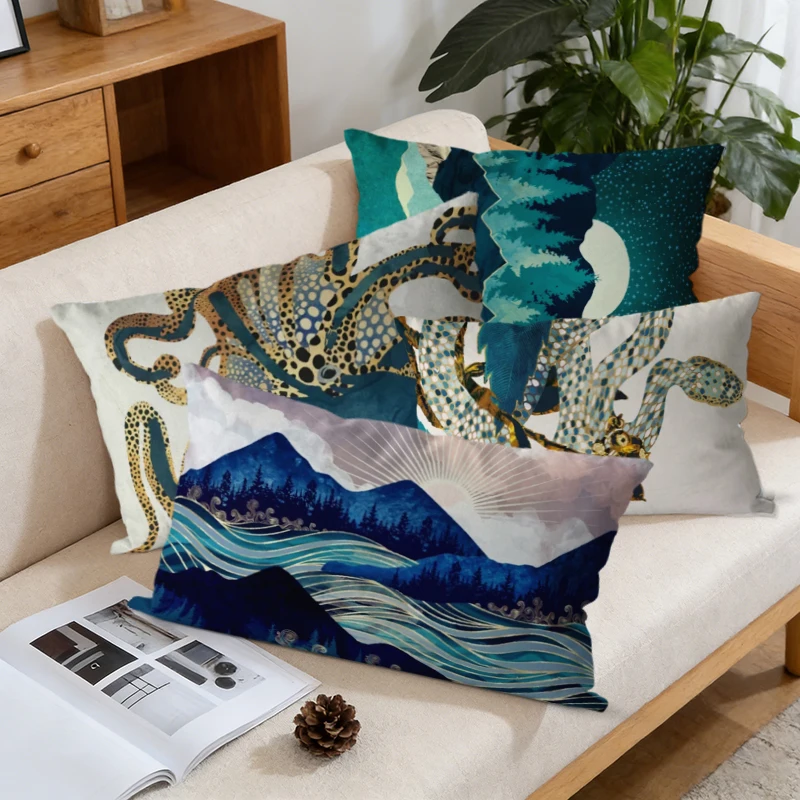 Octopus & Forest Landscape Pillow Covers Suitable For Sofa Bedroom Car Pillow Cover Cushion Rectangular Back Cushion