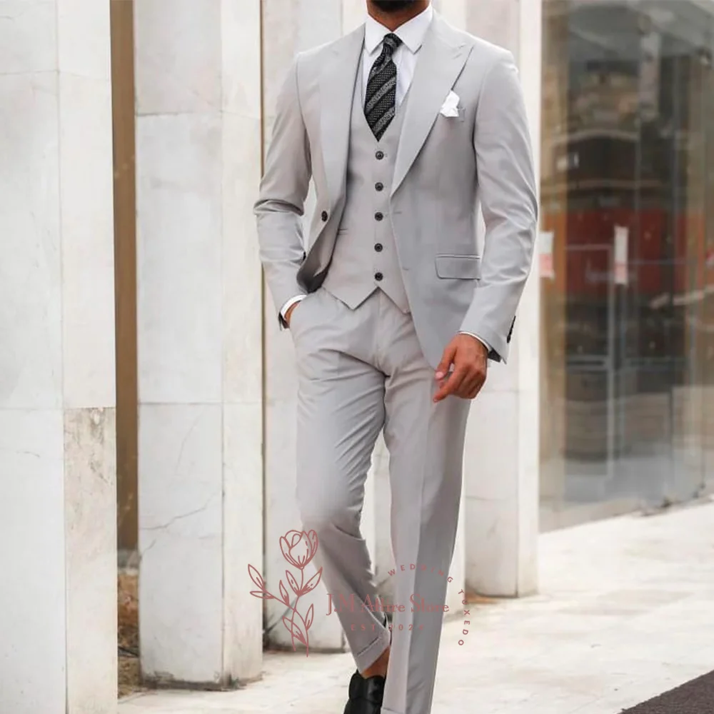 Classic grey men's 3-piece suit peak lapel jacket vest pants business formal events wear for wedding prom party custom tuxedo