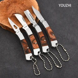 Portable Wooden Handle Stainless Steel Shaped Knife Camping Outdoor Survival Tools Self-defense Folding Pocket Knife Mini Knife