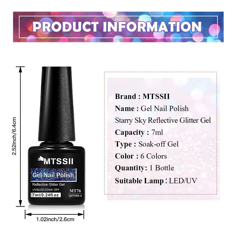طلاء أظافر جل لامع عاكس السماء المرصعة بالنجوم 7 مل، جل لامع ثلاثي الأبعاد بالليزر سباركلي نقع قبالة طلاء جل LED للمنزل #6