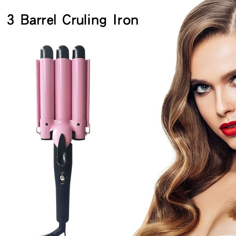 Triple-barrel curling iron with water wave pattern, pancake curling tong, quick heating and long-lasting beach waves