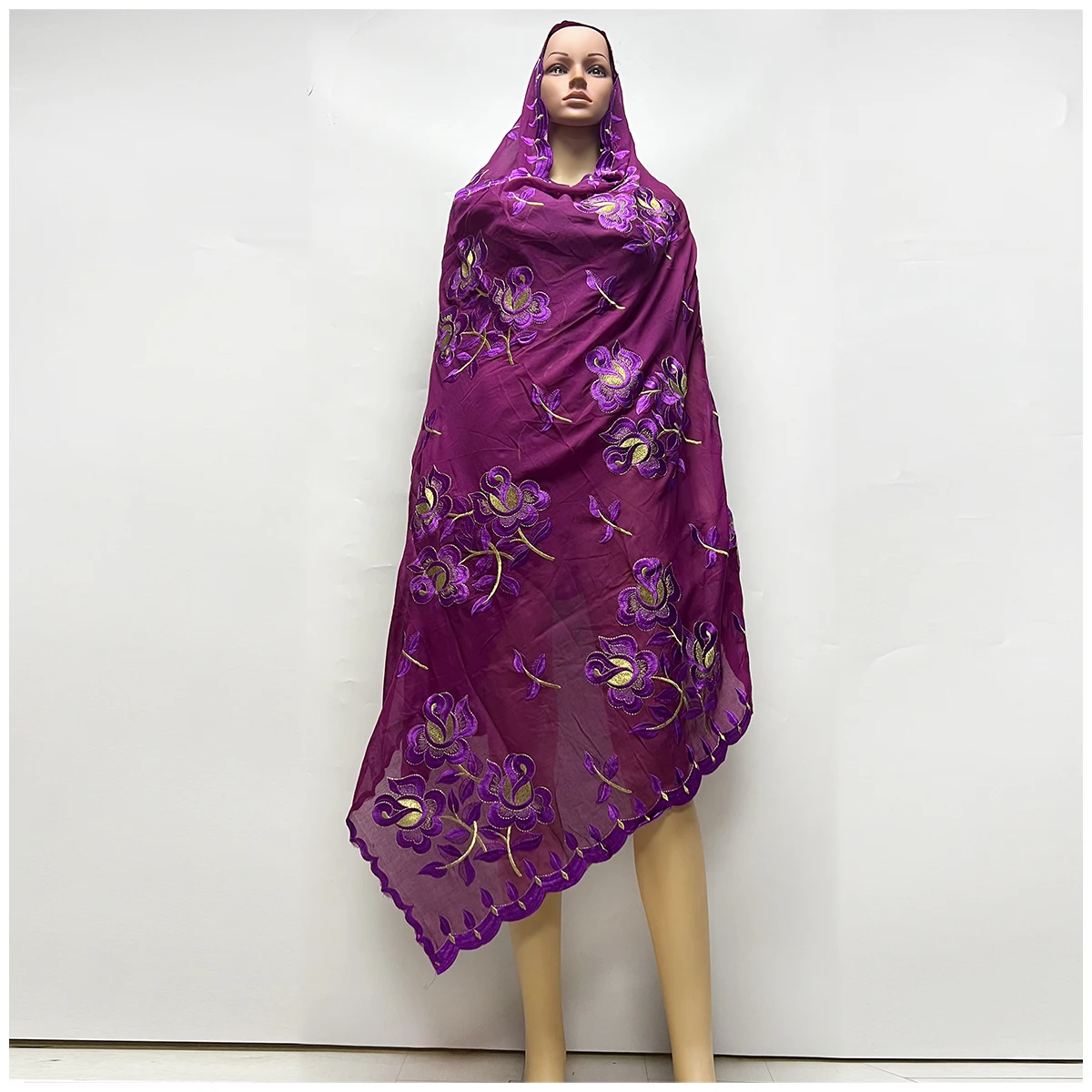 African Women Hijab Muslim Scarf Dubai Excellent Style High Quality 100% Cotton Fabric Rayon Cotton Thread Eembroidered Scarf