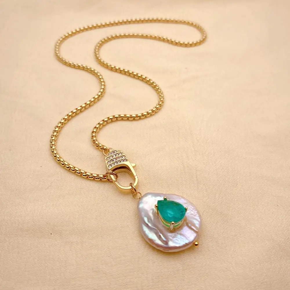

Y·YING Cultured White Coin Pearl Green Quartz Pendant Gold Plated Chain Necklace