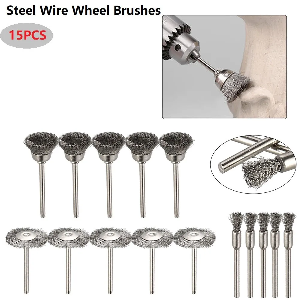 

15pcs/Set Steel Wire Brush Polishing Wheels Kit For Rotary Tool Drill Bit Bowl Type Grinding Head Electric Grinder Rust Removal