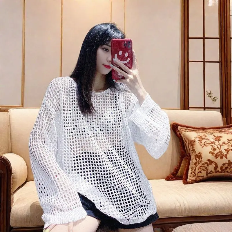 Moda O-Collo lavorato a maglia tinta unita scava fuori camicette abbigliamento femminile 2025 primavera estate nuove magliette coreane allentate camicie casual