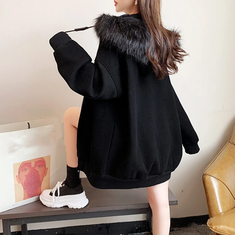 Y2K Fashion Solid Color Korean Style Fur Collar Zipper Hoodies 2024 Winter Thicken Harajuku Zipper Warm Cardigan Sweatshirt