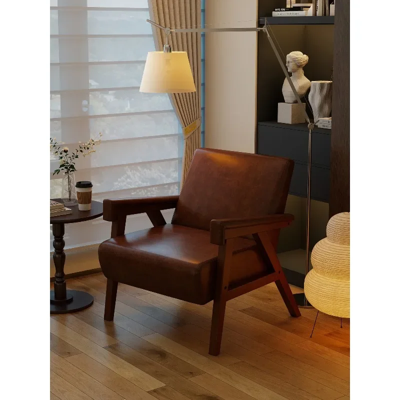 Medieval oil wax leather solid wood single sofa chair