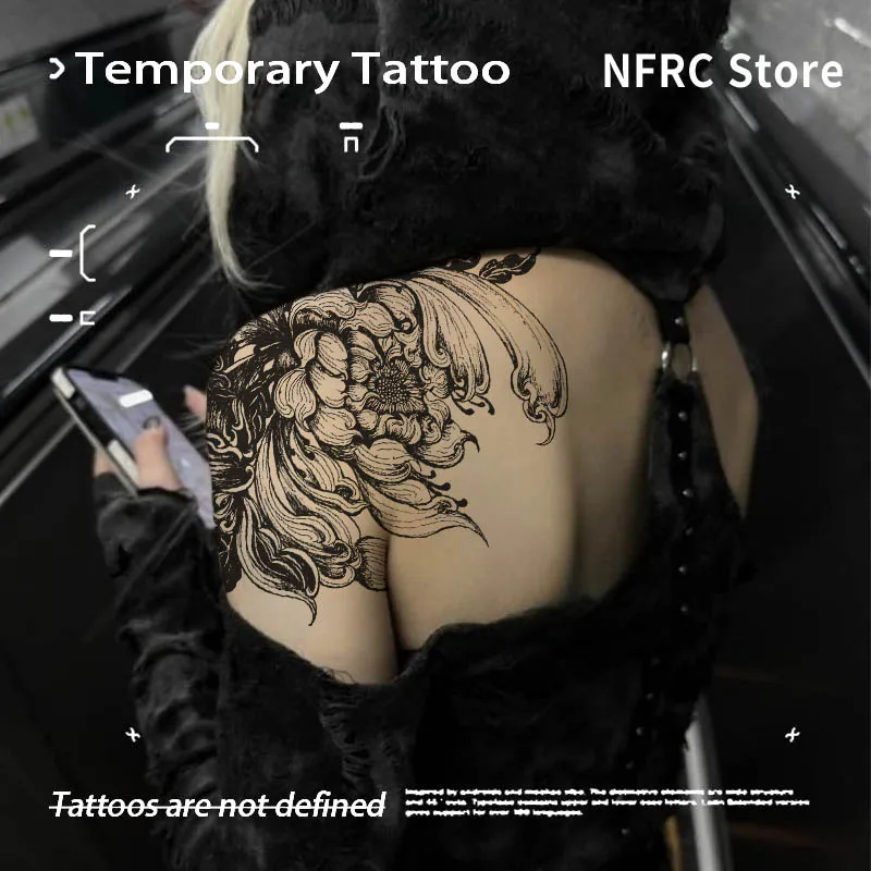 Vintage Dot Shading Peony Flower Herbal Juice Tattoo Sweat Resistant Fake Tattoo Stickers For Shoulder Rib Date Party Elegant