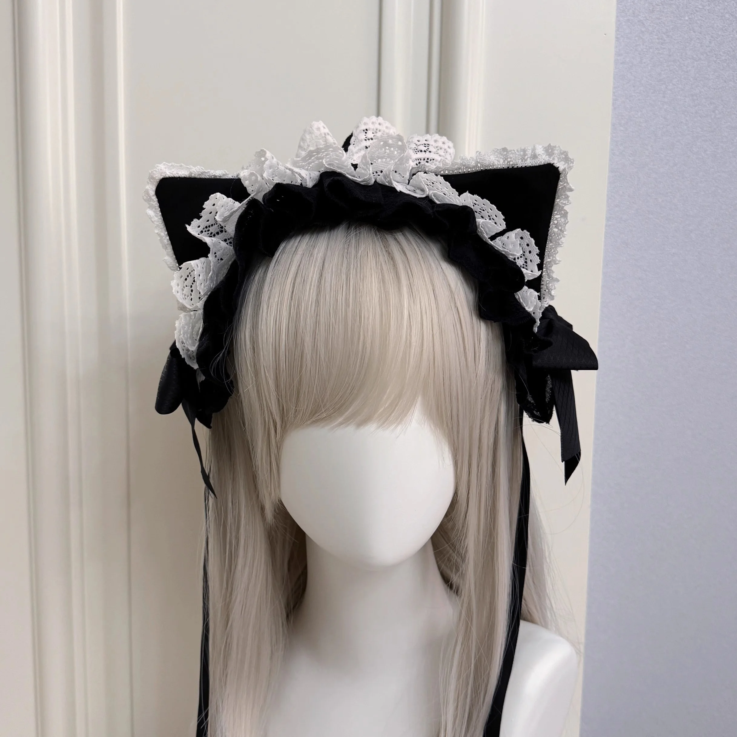 새로운 핸드메이드 하라주쿠 로리타 레이스 고양이 하녀 헤어밴드 Y2K 소녀 서브컬쳐 다크 고양이 귀 머리 장식 KC 메이드 귀여운 헤어 액세서리