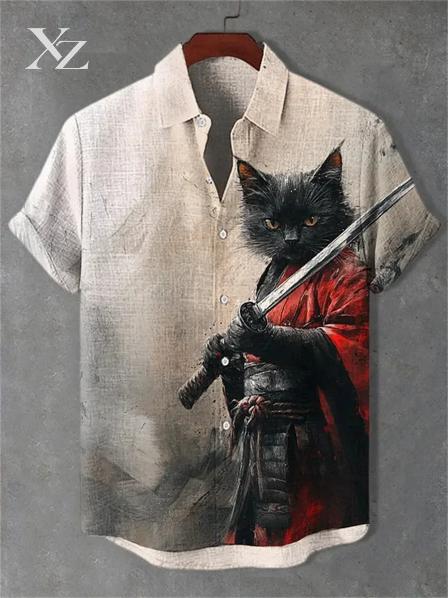 Men's collared short-sleeved Hawaiian shirt with cat print, loose-fitting casual trendy beach outdoor top