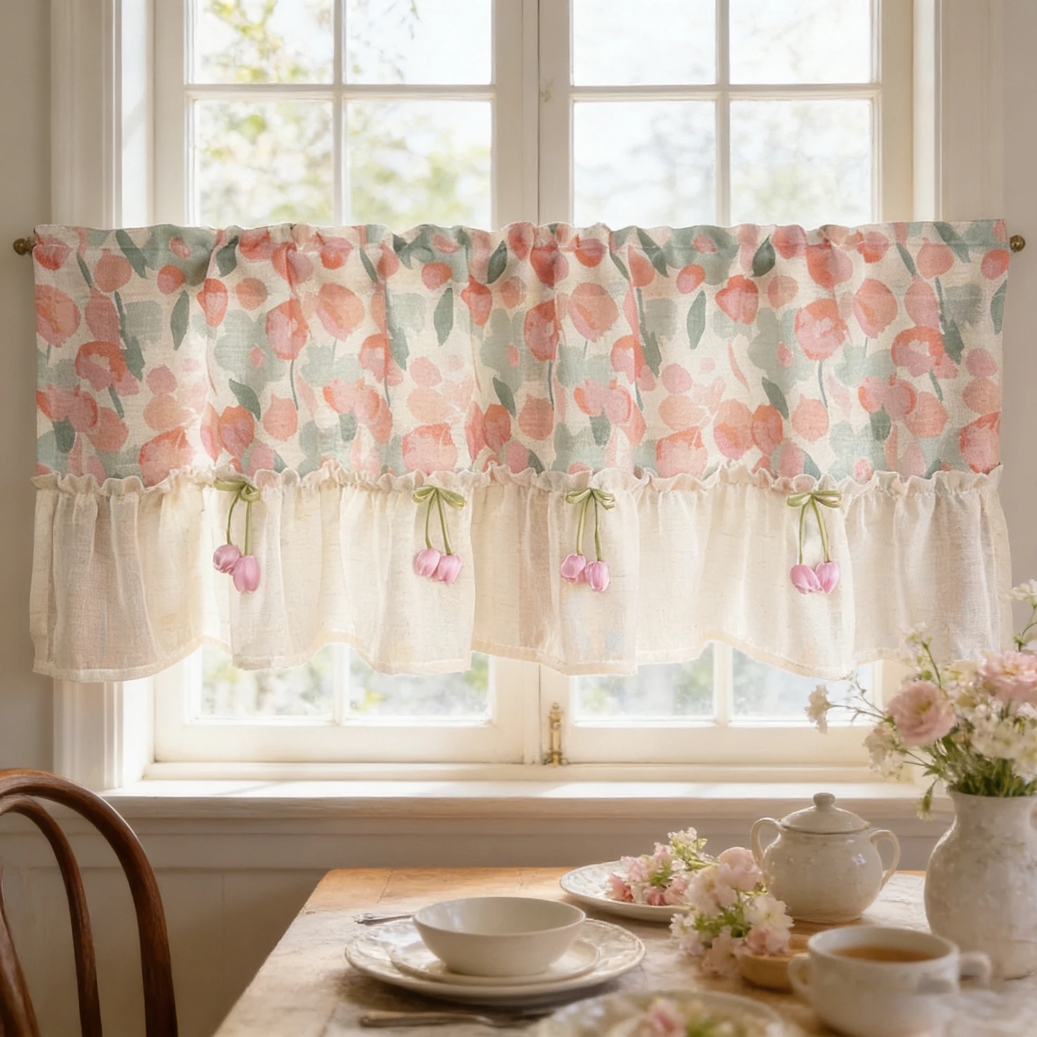 

1PC Rustic Pink Floral Stitching Short Curtain for Small Window Kitchen Drape With Tulips Cabinet Cafe Home Decoration #E