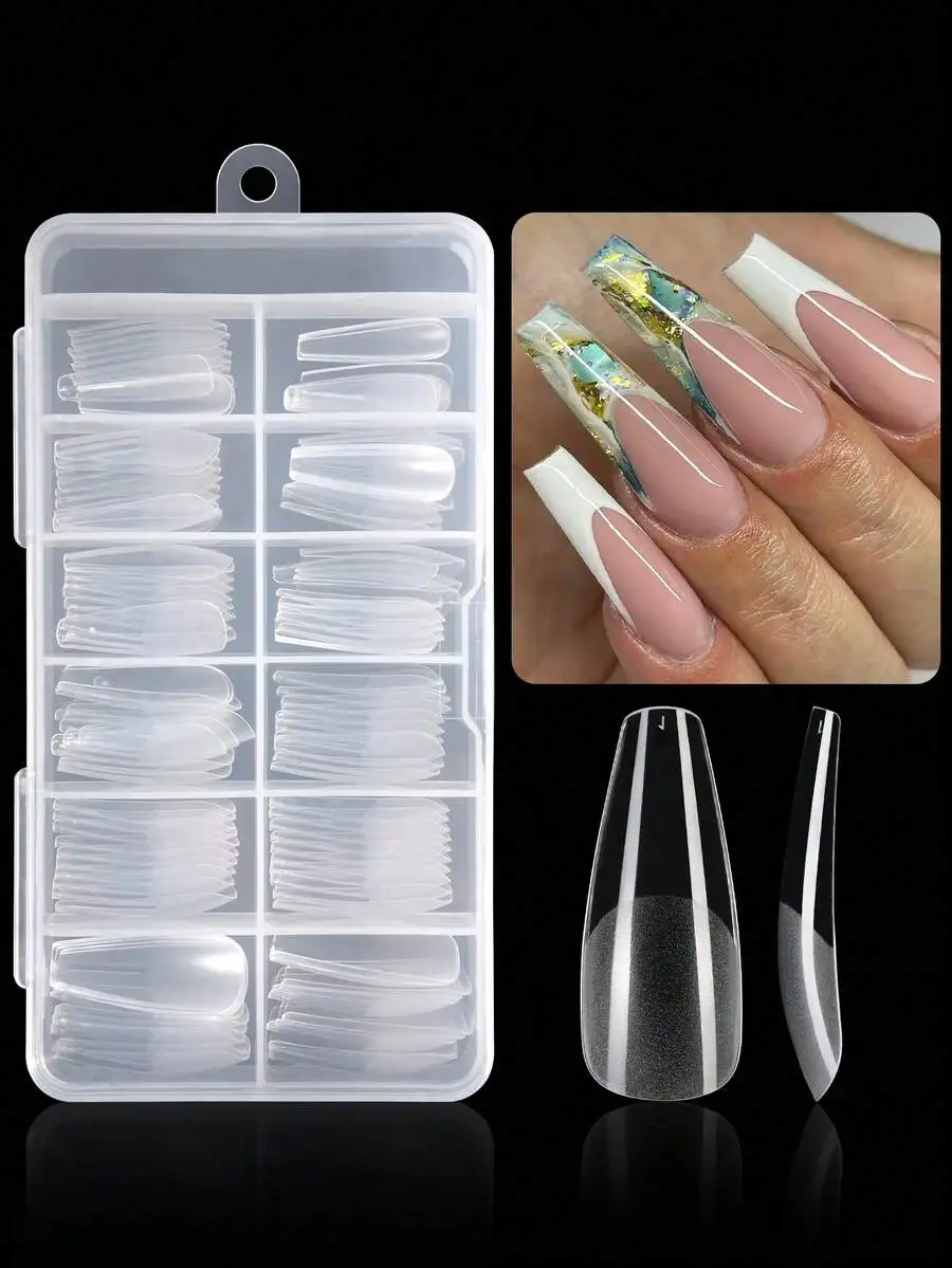 

120pcs/Box Full Cover Fake Nails, Acrylic Manicure Supplies, Half Matte Seamless Nails, Transparent Short Almond Shape Nail Stic