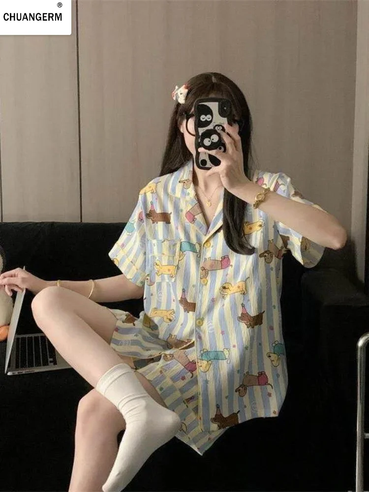 CHUANGERM Summer 2026 New Womens Pajamas Cute Dachshund Sausage Striped Short Sleeve Tops Shorts Sleepwear Fashion Cute Home 3