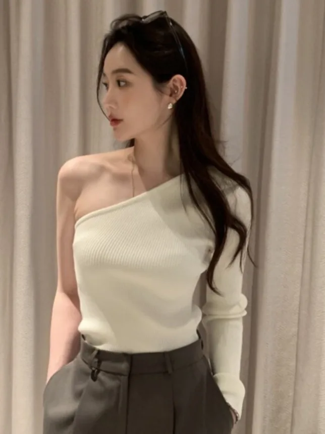 

Chic Simple Irregular oulder Bared Long Sve Slim Fit Knitted Top for Women Commute Sle Pure Color Chinese Made