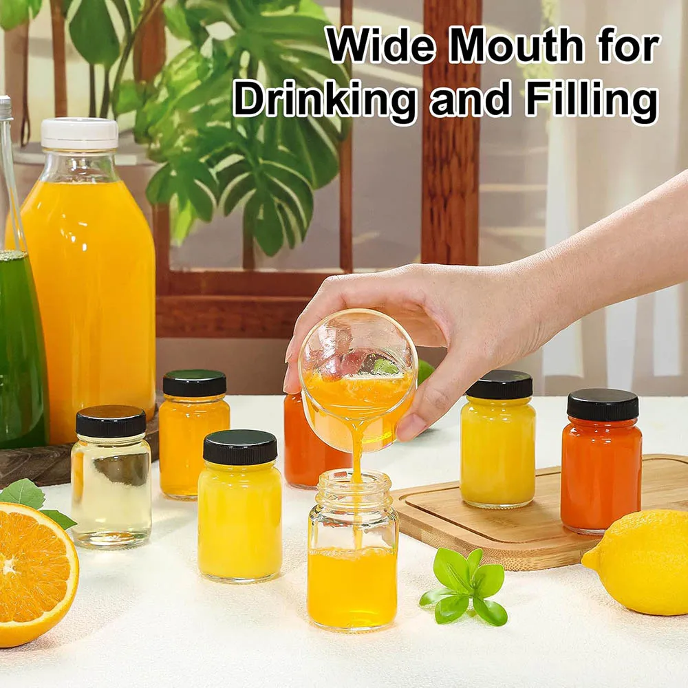 2oz Glass Shot Bottles with Lids - Small Clear Jars for Ginger, Wellness Shots, Juice, Travel Mini Reusable Wide Mouth Bottles