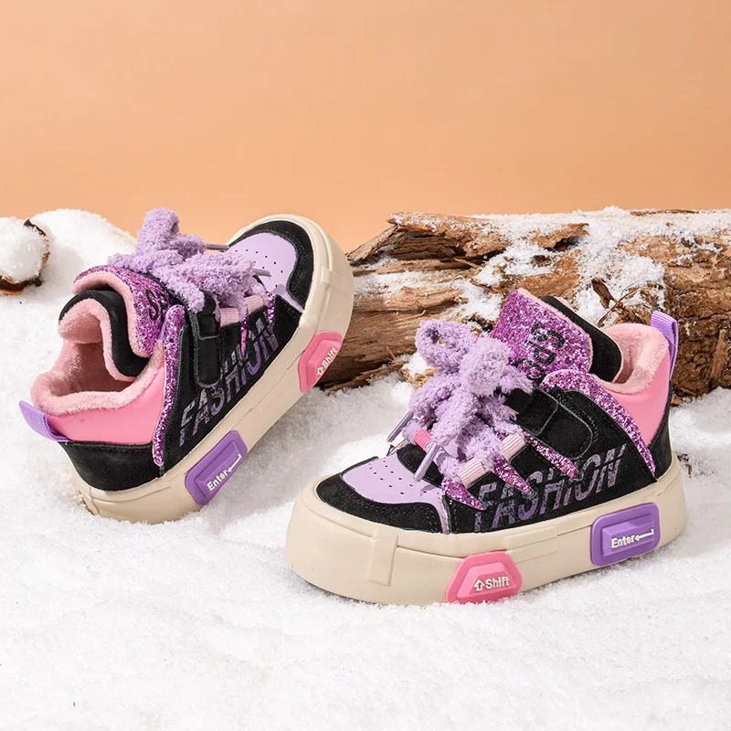 Girls Sneakers 2023 Winter Kids Fashion Brand High Top Casual Running Sports Shoes Toddler Flats Boys Warm Fur Glitter Soft Sole