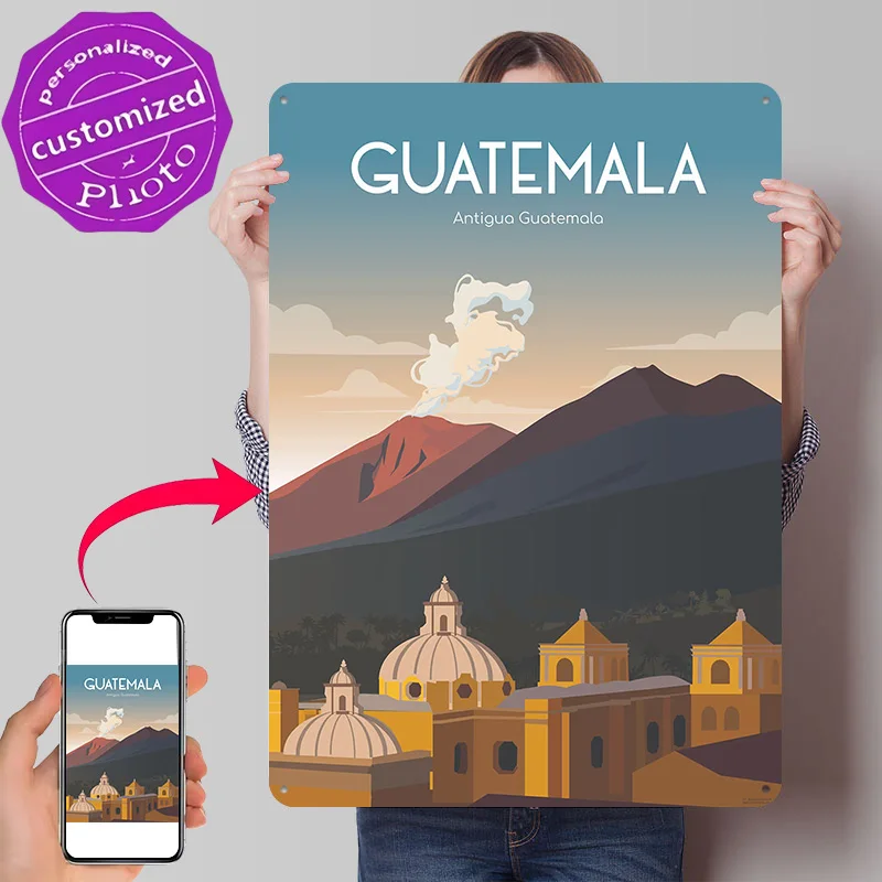Guatemala Antigua Volcano Personalized 3D Textured Metal Poster Wall Art Vintage Tin Signs for Wand Deko Room Decoration Items