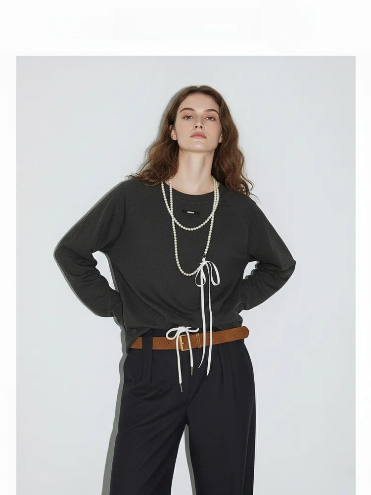 

Loose Long Sve Pearl Tied Base irt Women's T-irt Waist Cinch Removable Nelace Simple Sle Organic Cotton Girl's Top