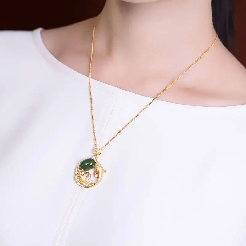 

1pcs Sterling Silver Golden Koi Fish Necklace For Women Hotan Jade Tail Zircon Retro Ethnic Jewelry Gift