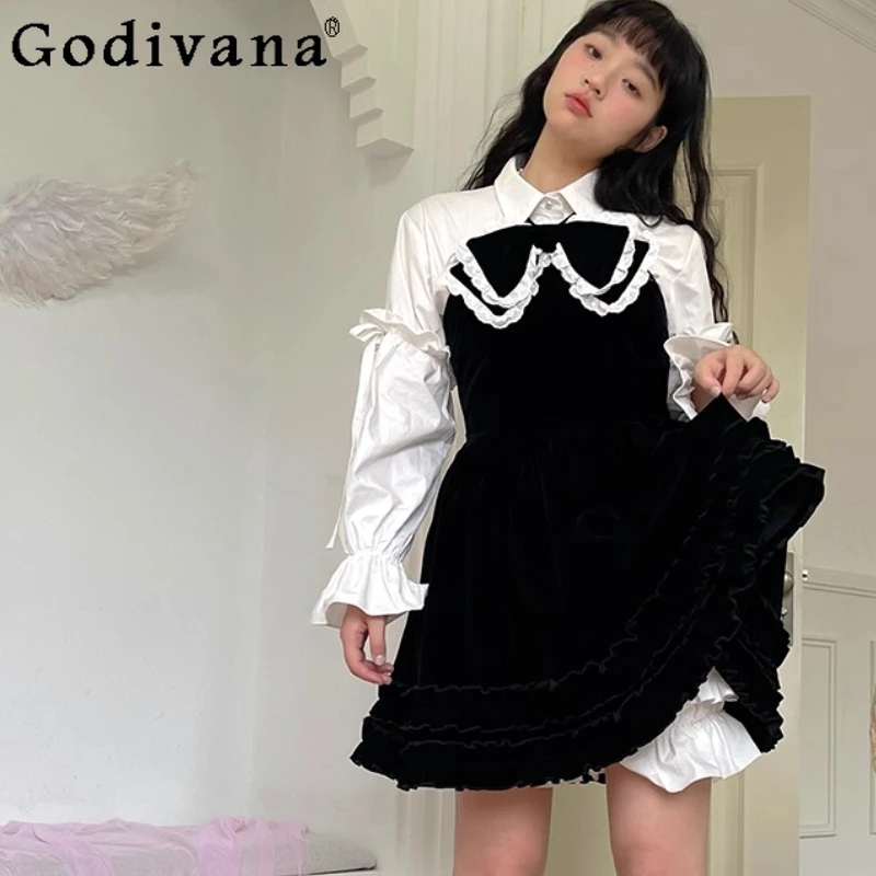 

Cute Velvet Sweet Bow Autumn Winter Black Sleeveless Big Swing Dress Girl Lace Halter High Waist Versatile Age Reducing Dresses