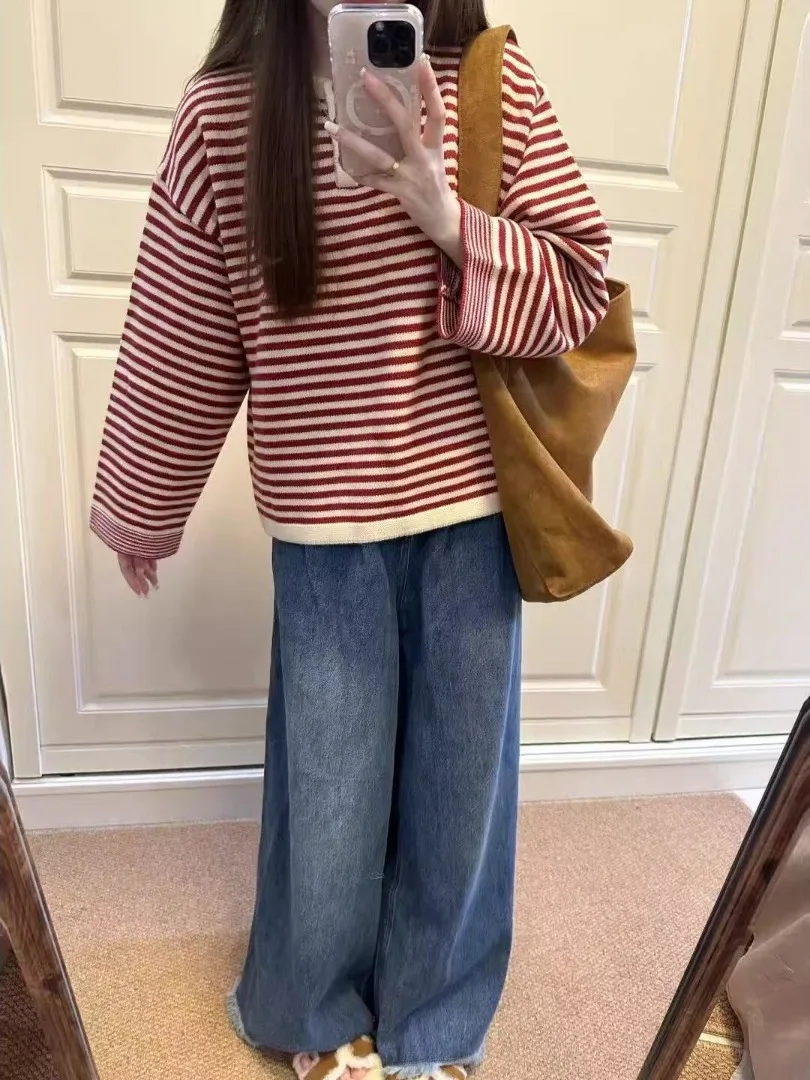 Weicher, gemütlicher Strickpullover für Damen, rund, Ne Long Sve, lockere Passform, Herbst-Winter, neues Sle Red Stripes College Sle Top