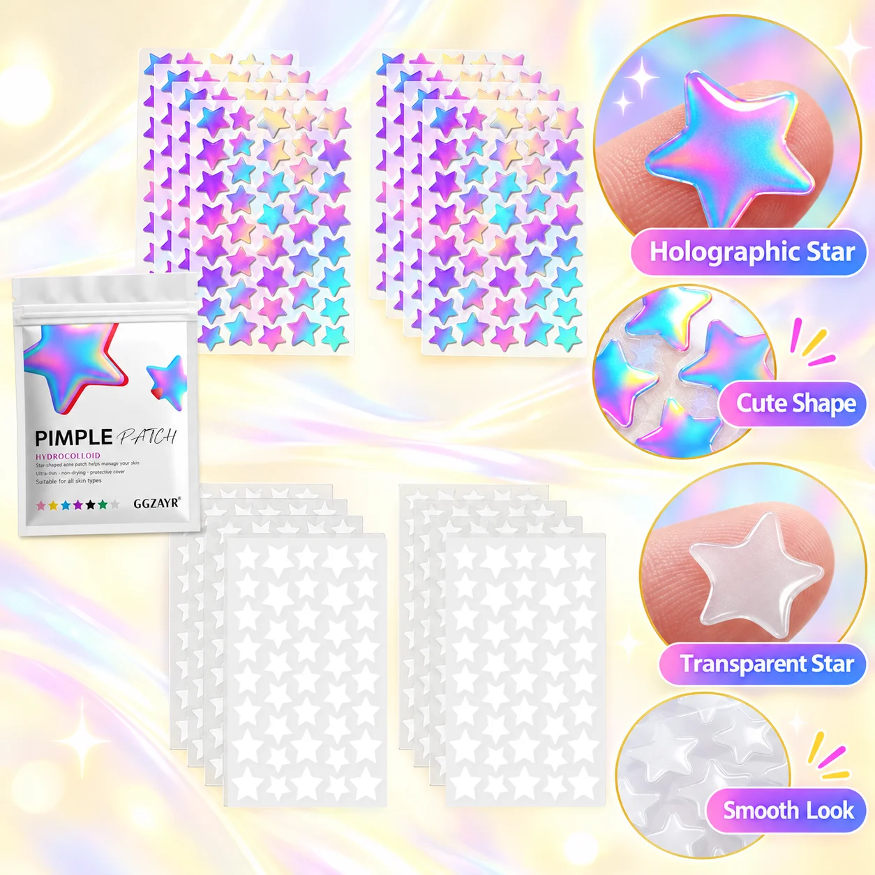 640PCS Holographic and White Star Pimple Patches, Cute Face Stickers for Festival Makeup, Party Looks and Everyday Style