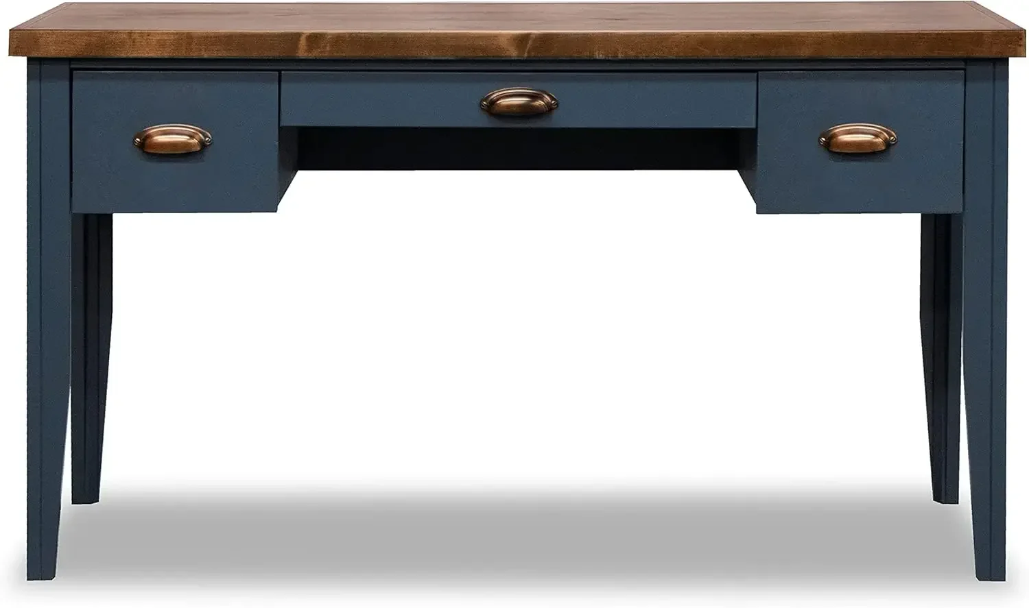 Nantucket Modern Farmhouse 3-Drawer Writing Desk, 53 Inches, Fully Assembled, Poplar Solid Wood, Blue Denim and Whiskey Finish