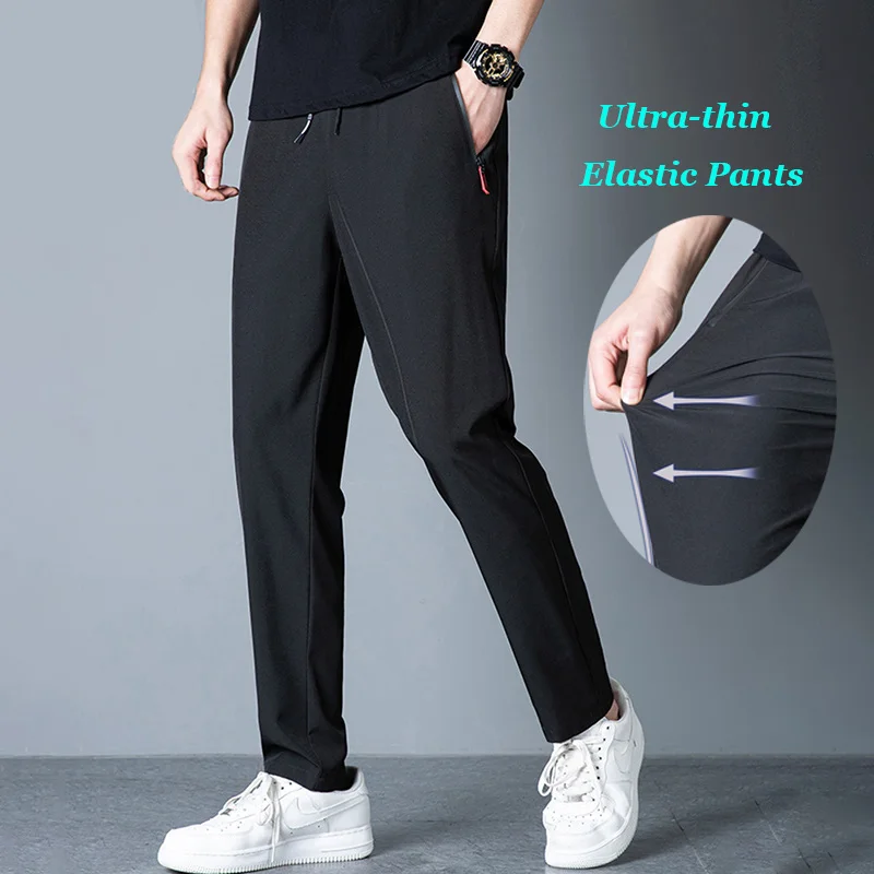 Men's Ultra-thin Pants Elastic Casual Workpant Summer Quick-drying Ice Silk Slim Ankle-Length Pants Zipper Pockets Trousers Male