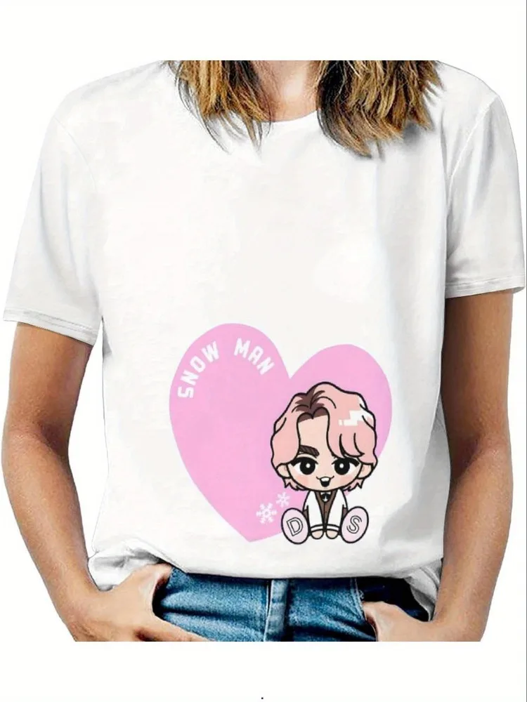 

Women's Anime-Print T-Shirt Soft Short-Sleeve Crew Neck Top Snowman Character with SNOW Heart Print Casual Commute & Homewear