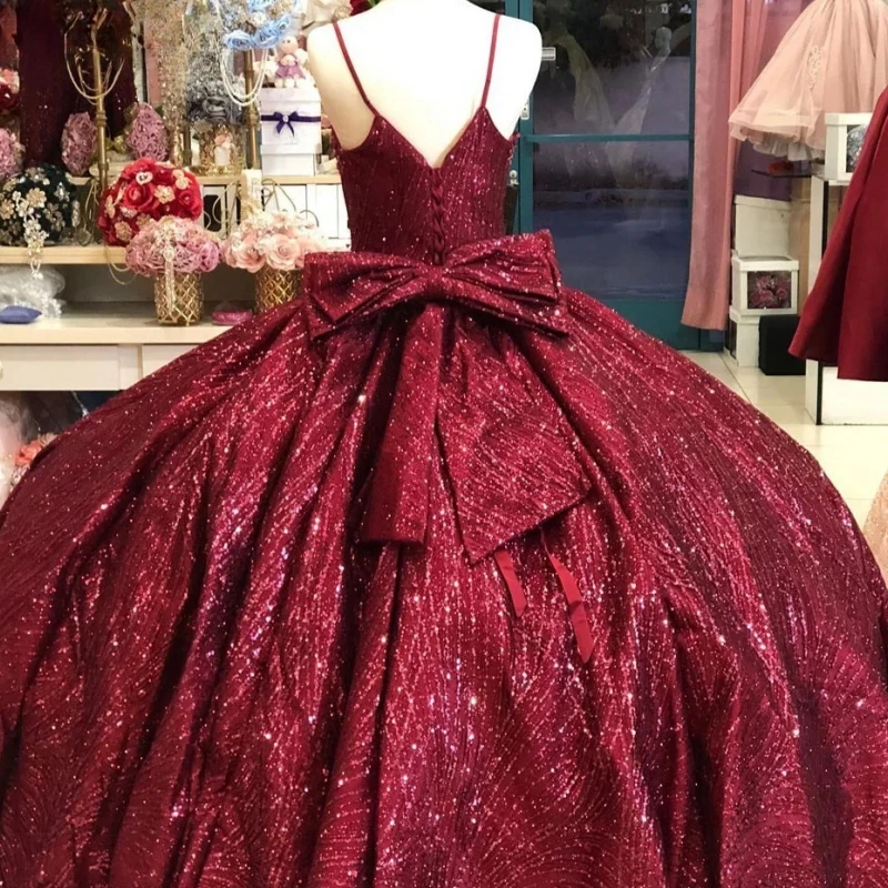 Real Picture Wine Red Princess Ball Gown Quinceanera Dresses Bow Off Shoulder Sequined Vestidos De 14 15 Anos Sweet 16th Dress