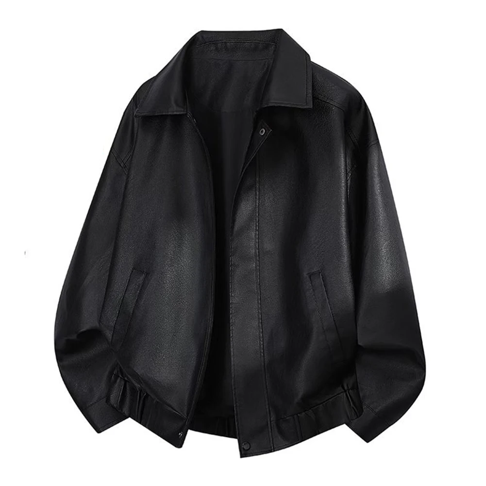Men for retro Motorcycle Outwear Faux Leather Casual Street Outwear Men Leather Jacket Long Sleeve Design Solid Color Pattern
