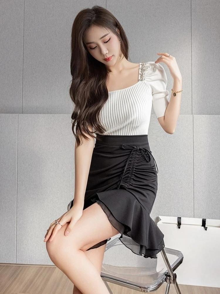 

Модная облегающая юбка-русалка с драпировкой и плиссировкой из шифона, с завязками на талии, в корейском стиле для женщин