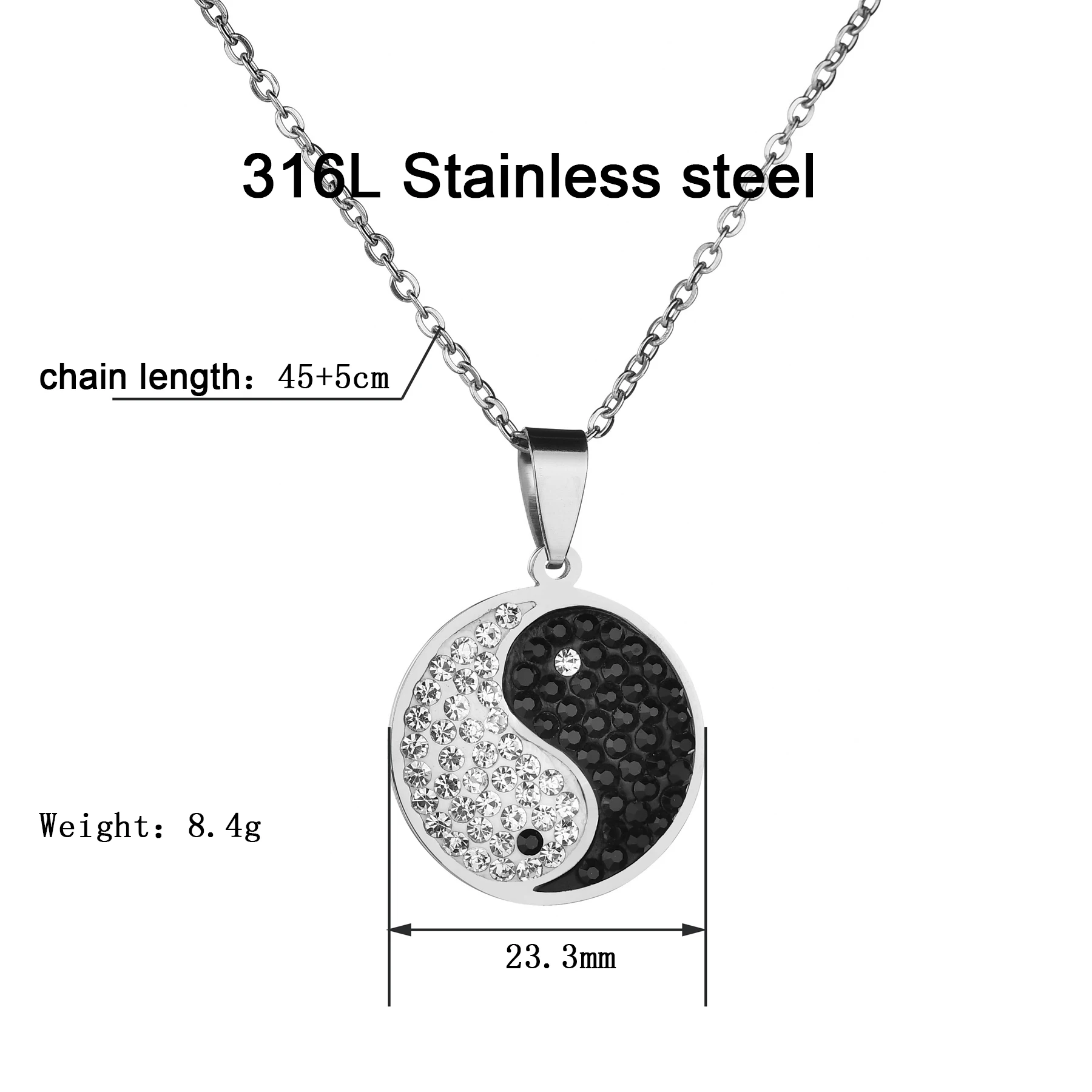 Freeteeme Trendy Black White Zircon Necklace For Women Men Stainless Steel Yin Yang Tai Chi Bagua Circle Pendant Jewelry Gifts