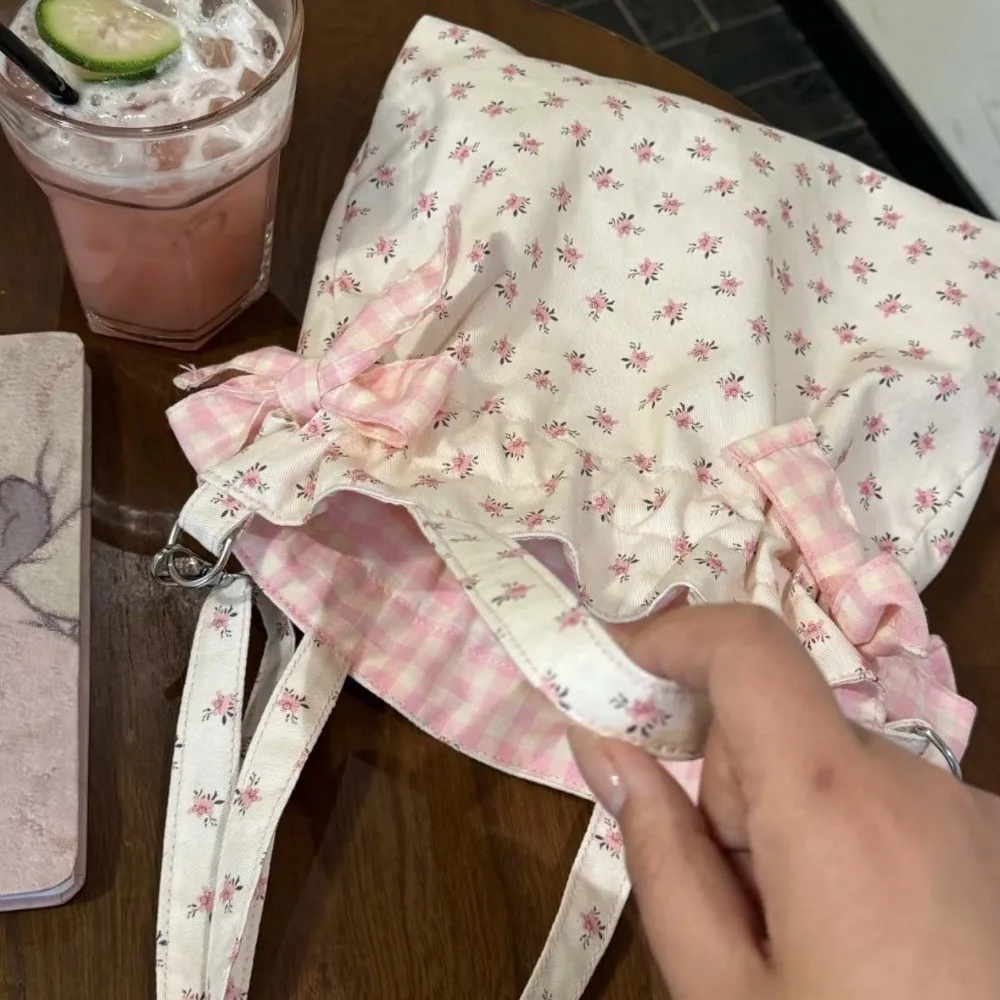 3-in-1 Floral Crossbody Bag Ruched Gingham Convertible Small Tote Detachable Soft-touch Drawstring Shoulder Bag Student