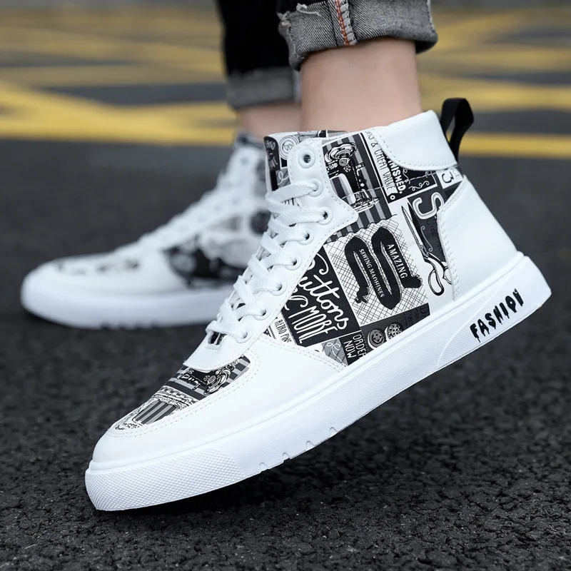 2023 New High Top Men\'s Shoes Personality Graffiti Lace-up Men\'s Shoes Casual Sneakers Student Sneakers Luxury Sneakers Boots