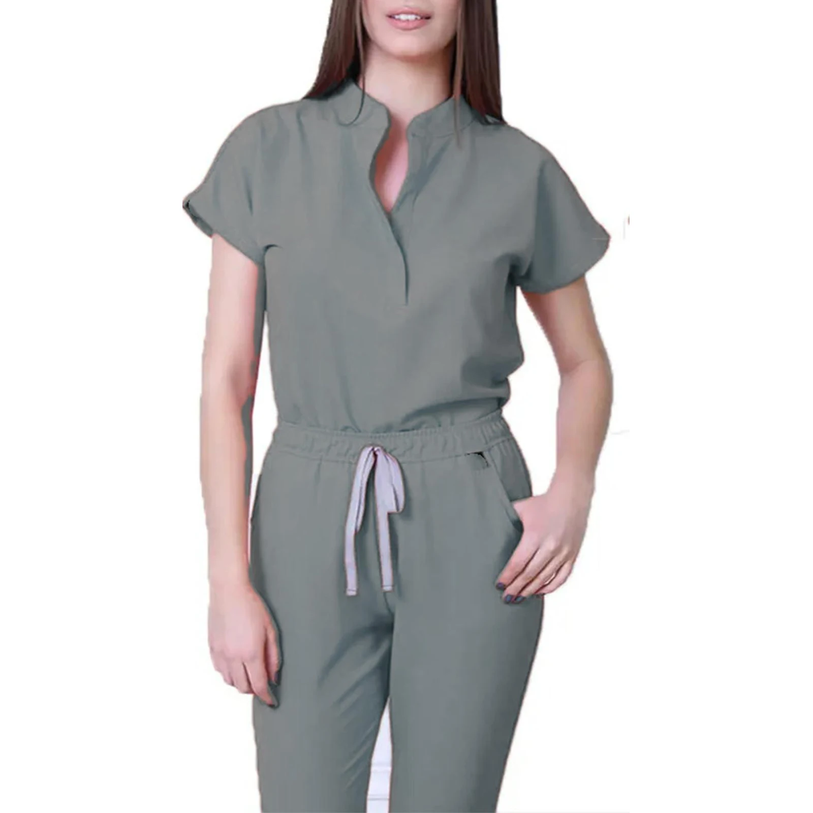 Damen-Krankenschwester-Overall, Stehkragen, kurze Ärmel, mehrfarbig, Kordelzug an der Taille, mehrere Taschen, medizinische Uniform, Arbeitskleidung für das Gesundheitswesen